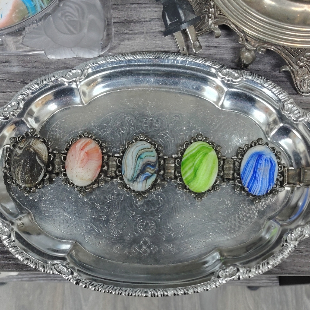 Pandora Silver Bracelet with Multicolor Textured Cabochon Accents